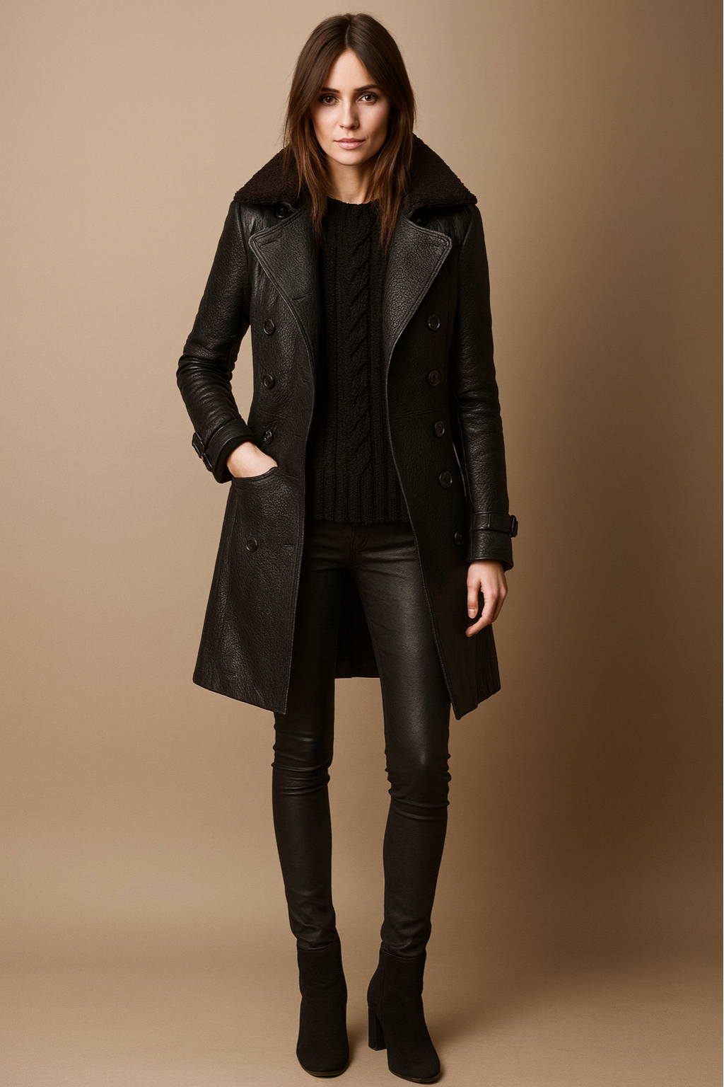 Classic Ladies Faux Leather Coat - Buckled, Double Button - OutfitLondon