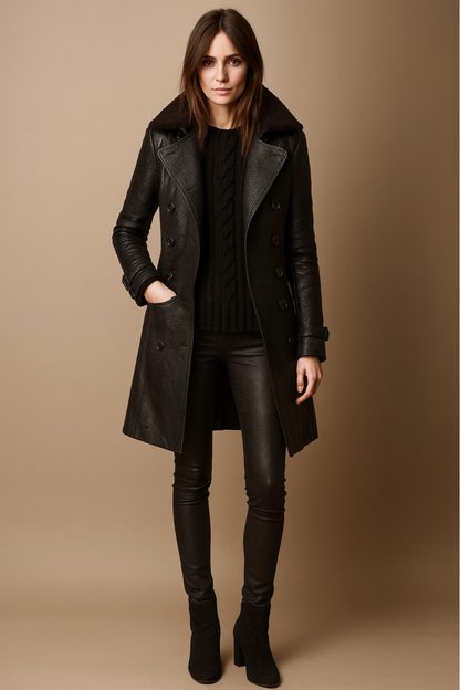 Classic Ladies Faux Leather Coat - Buckled, Double Button - OutfitLondon