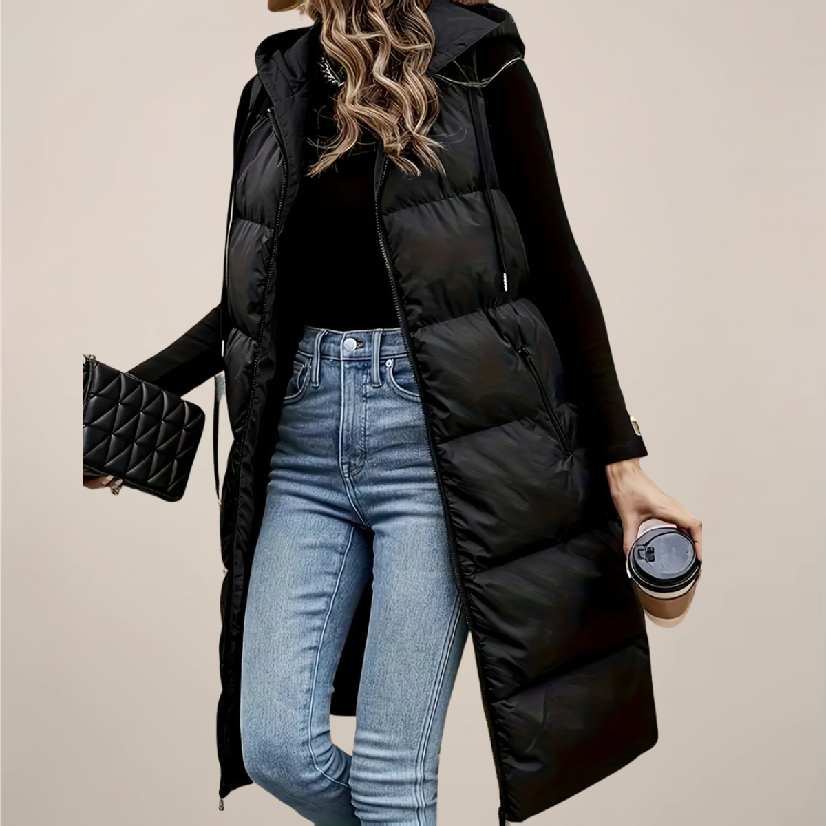 Women's Dark Quilted Hooded Waistcoat