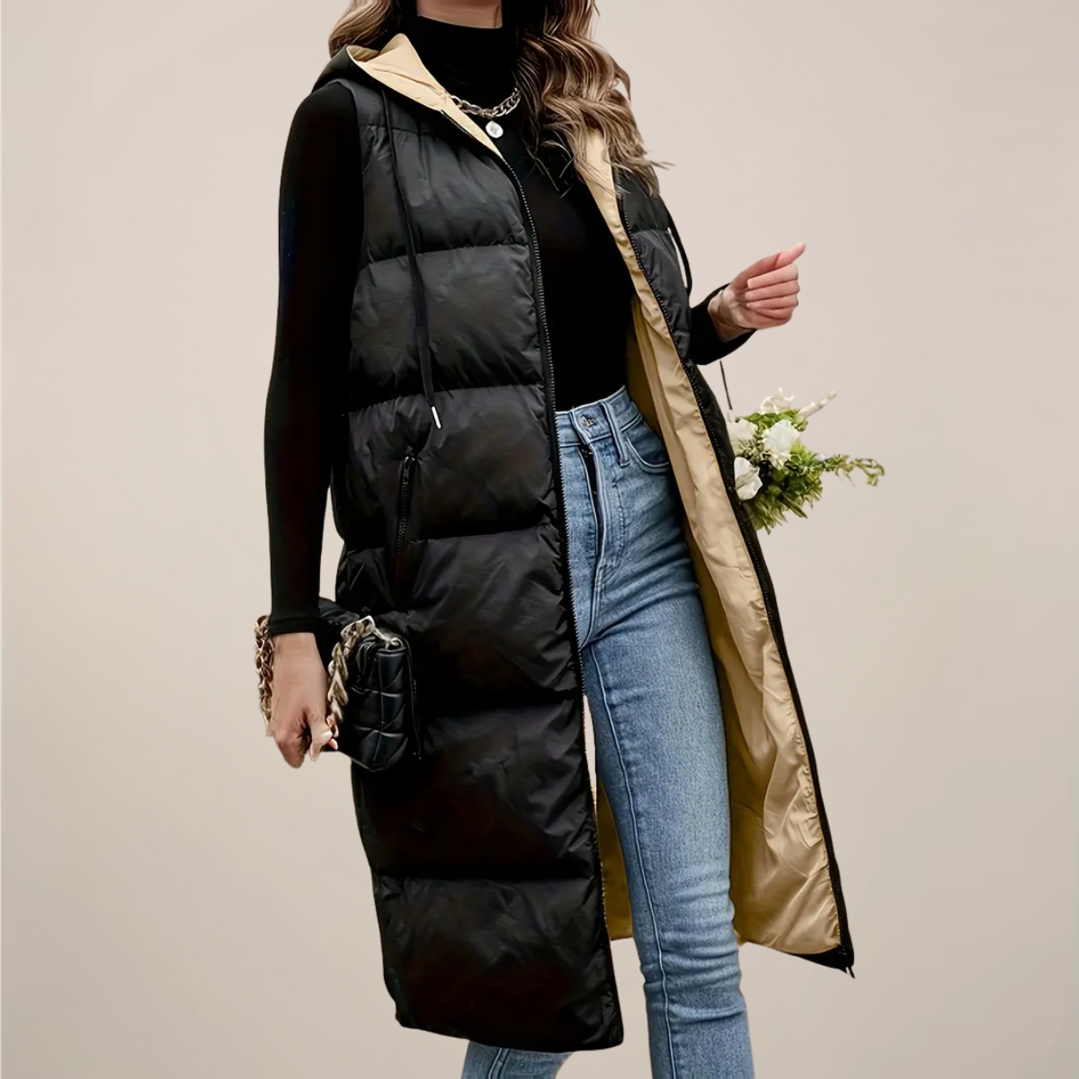 Women's Dark Quilted Hooded Waistcoat - OutfitLondon