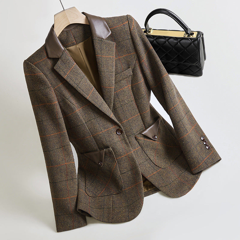 Classic Plaid Wool Blazer for Women - OutfitLondon
