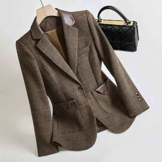 Classic Plaid Wool Blazer for Women - OutfitLondon