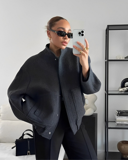 Women’s Bomber Jacket - Oversized Relaxed Fit - Textured Plush Fabric - Snap Button Closure