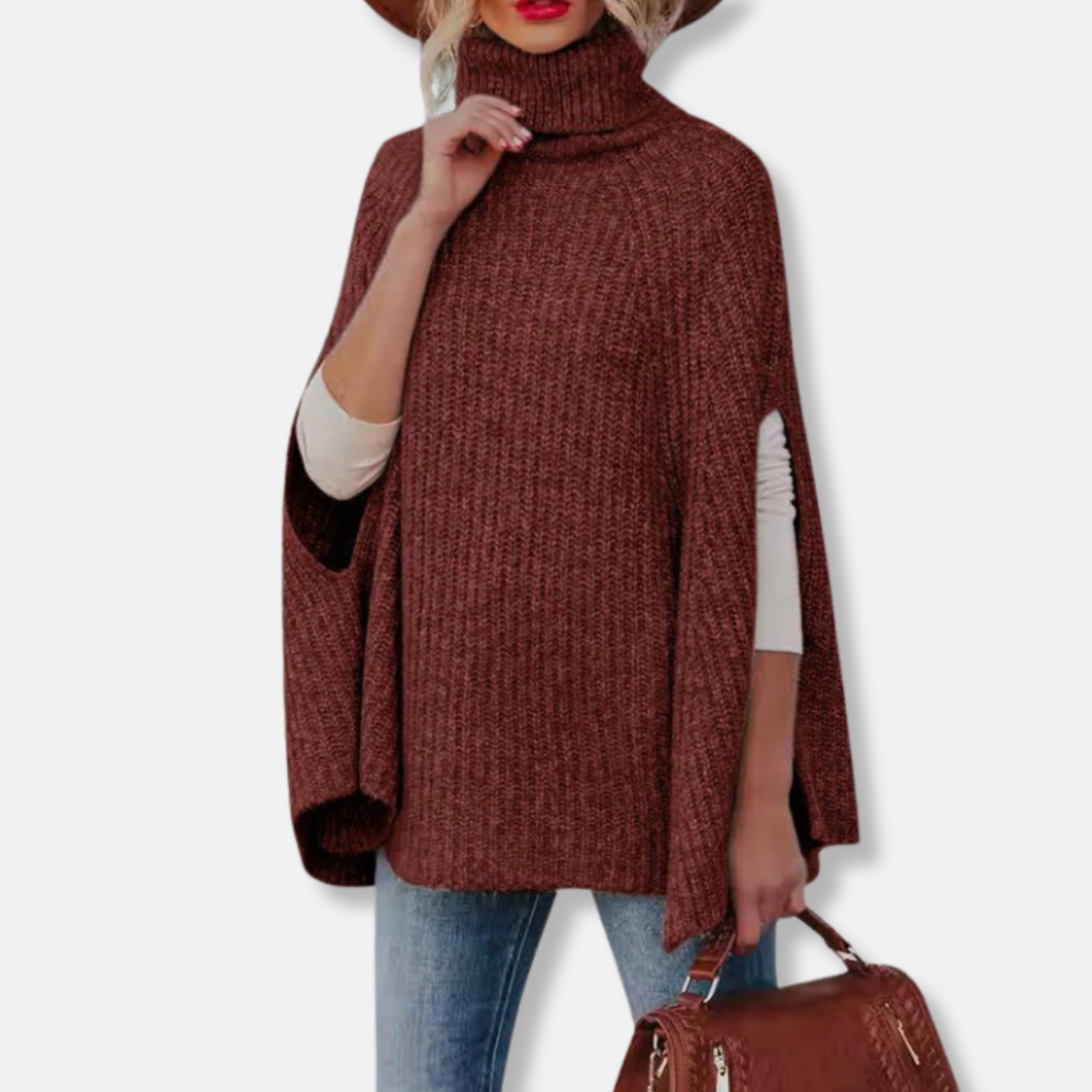 Women’s Cape Sweater – Wool Blend – Loose Fit – Turtleneck – Ribbed Knit Design