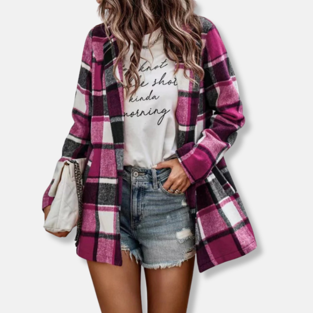 Cozy Plaid Open Front Long Sleeve Cardigan Coat