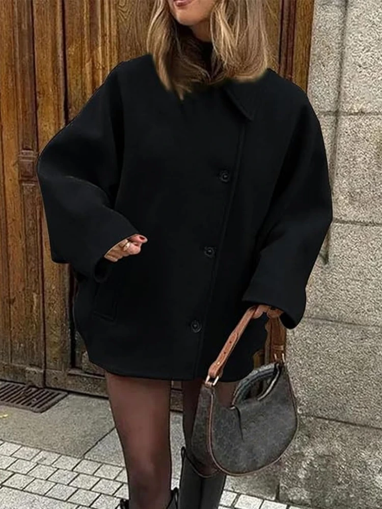 Women's Oversized Wool Coat with Batwing Sleeves - OutfitLondon
