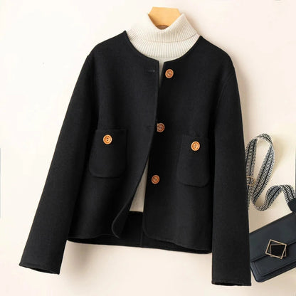 Women’s Cropped Jacket – Wool Blend – Relaxed Structured Fit – Collarless Round Neck
