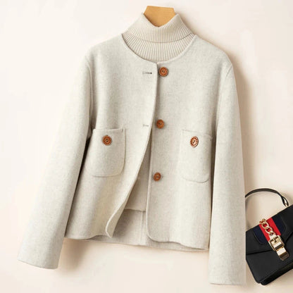 Women’s Cropped Jacket – Wool Blend – Relaxed Structured Fit – Collarless Round Neck
