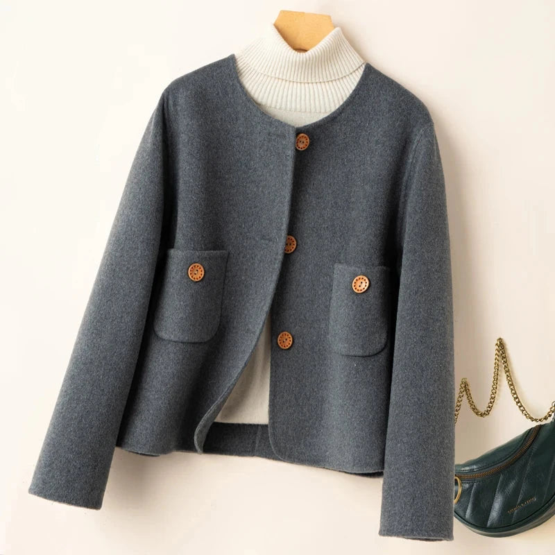 Women’s Cropped Jacket – Wool Blend – Relaxed Structured Fit – Collarless Round Neck