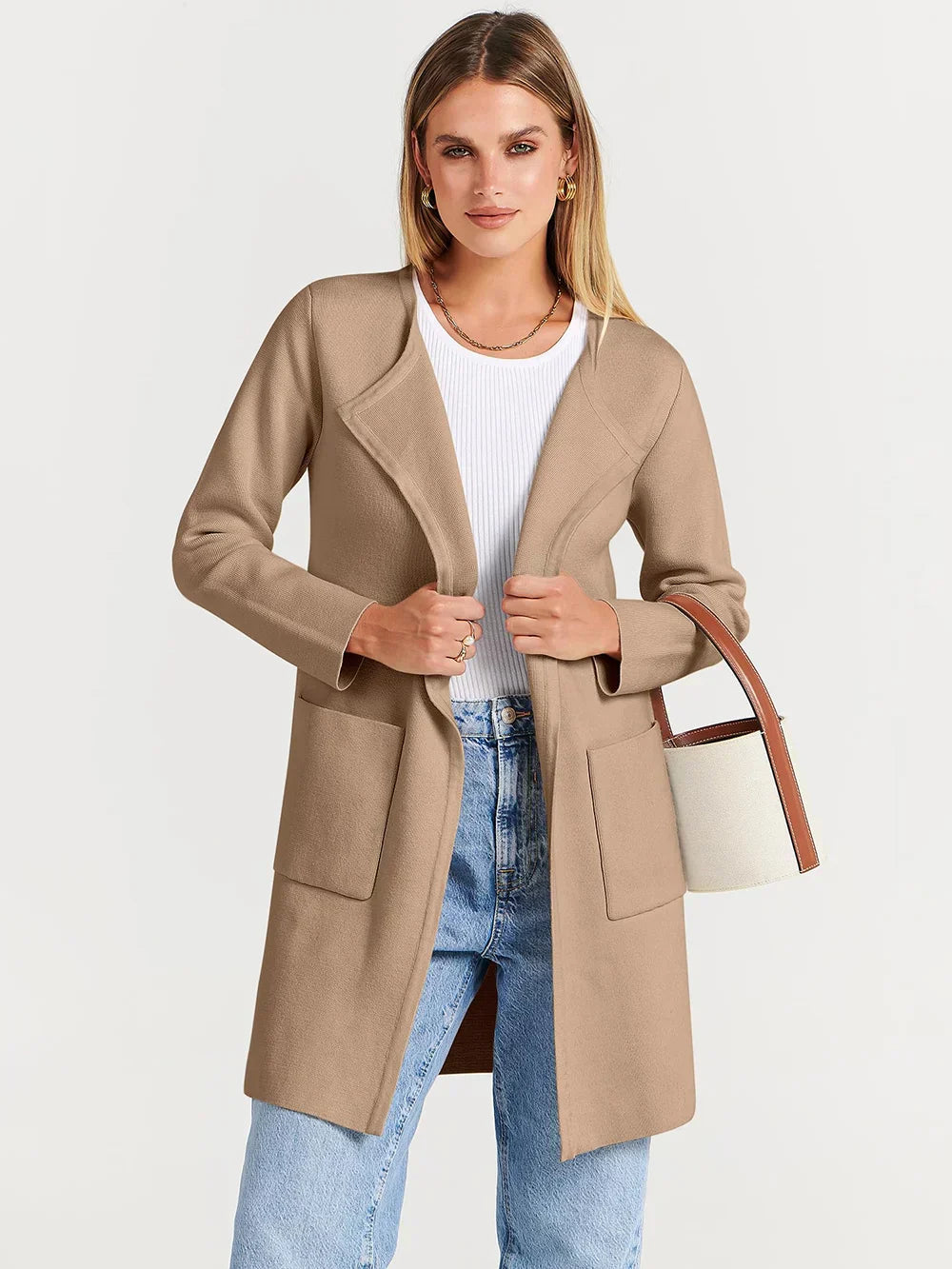 Women’s Knee-Length Coat – Wool Blend – Relaxed Fit – Wide Lapel – Minimalist Style