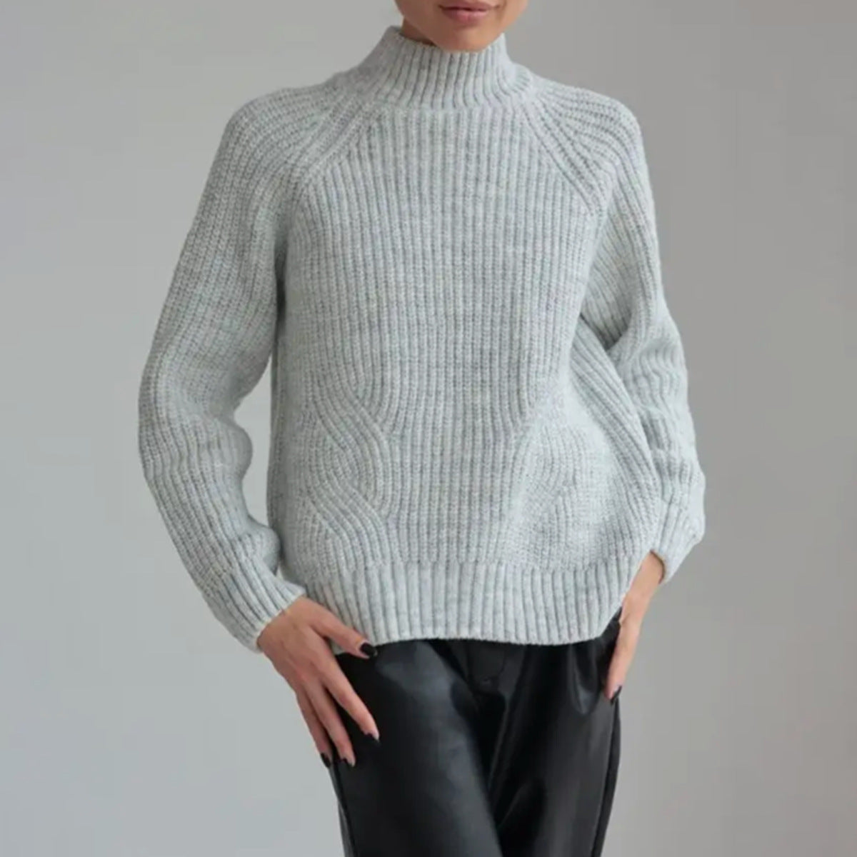 Women’s Knit Sweater – Wool Blend – Loose Fit – Mock Neck – Raglan Sleeves – Ribbed