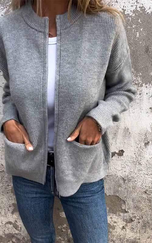 Women’s Knitted Cardigan – Relaxed Fit – Open Front – Ribbed Edges – With Pockets