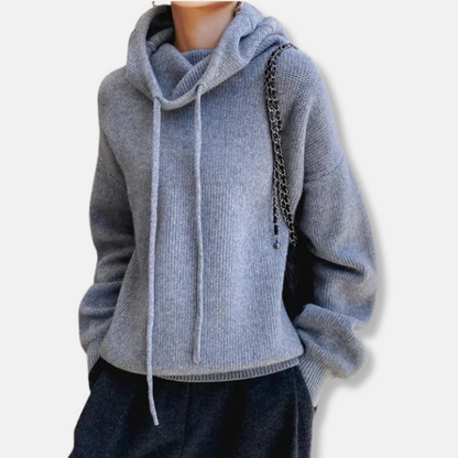 Women’s Knitted Sweater– Oversized Relaxed Fit – Soft Knit – Cowl Neck Drawstring