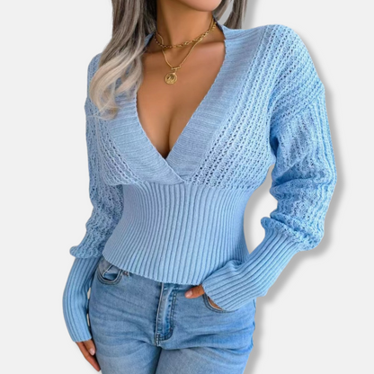 Women's Fitted Ribbed Knit Deep V Top - OutfitLondon