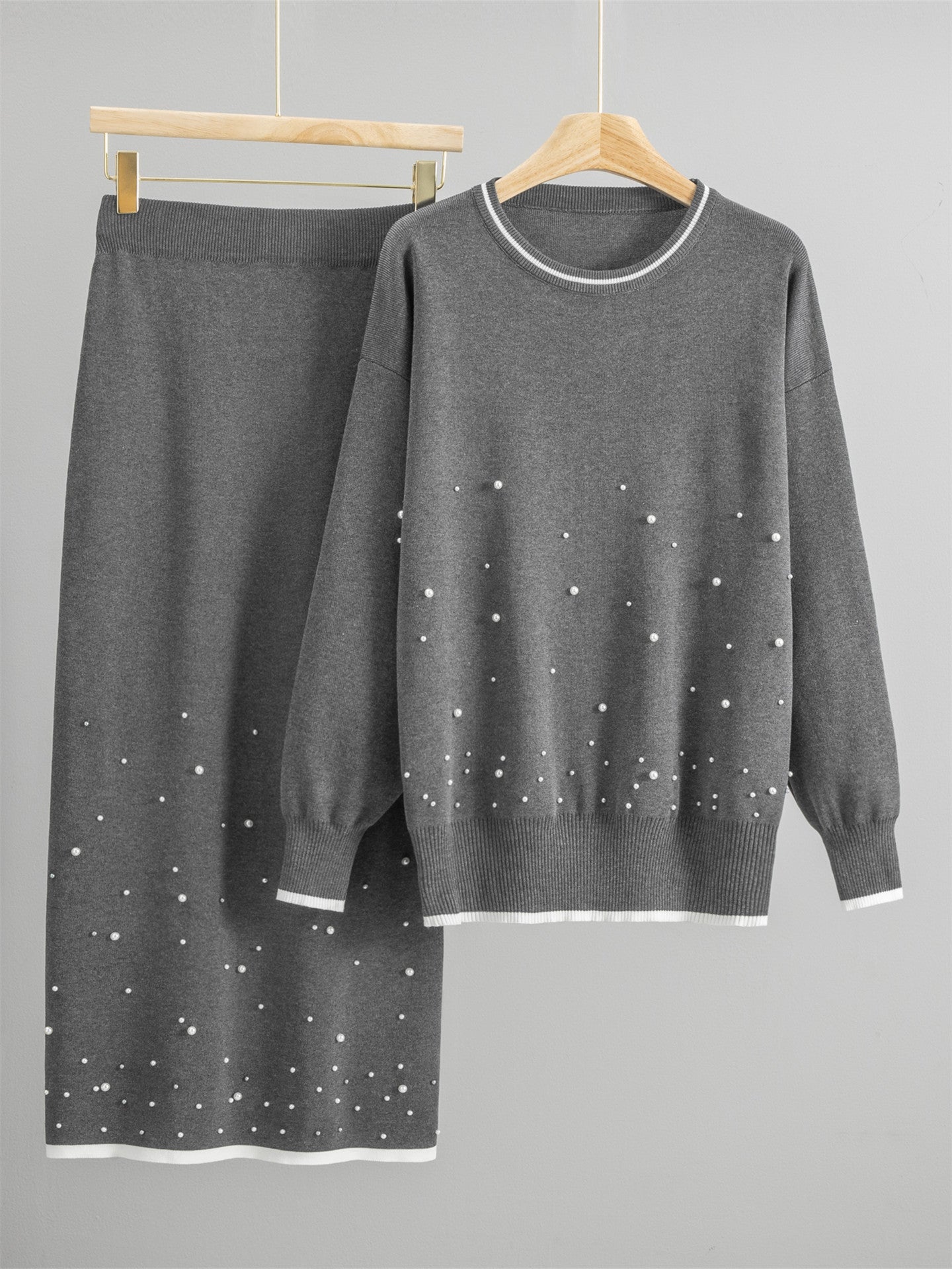 Casual Knit 2 Piece Outfit with Beads and Flowy Skirt
