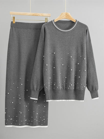 Casual Knit 2 Piece Outfit with Beads and Flowy Skirt