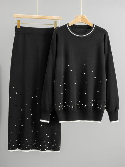 Casual Knit 2 Piece Outfit with Beads and Flowy Skirt