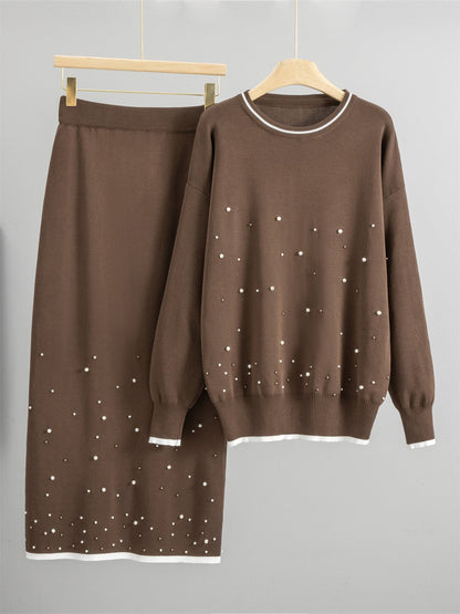 Casual Knit 2 Piece Outfit with Beads and Flowy Skirt