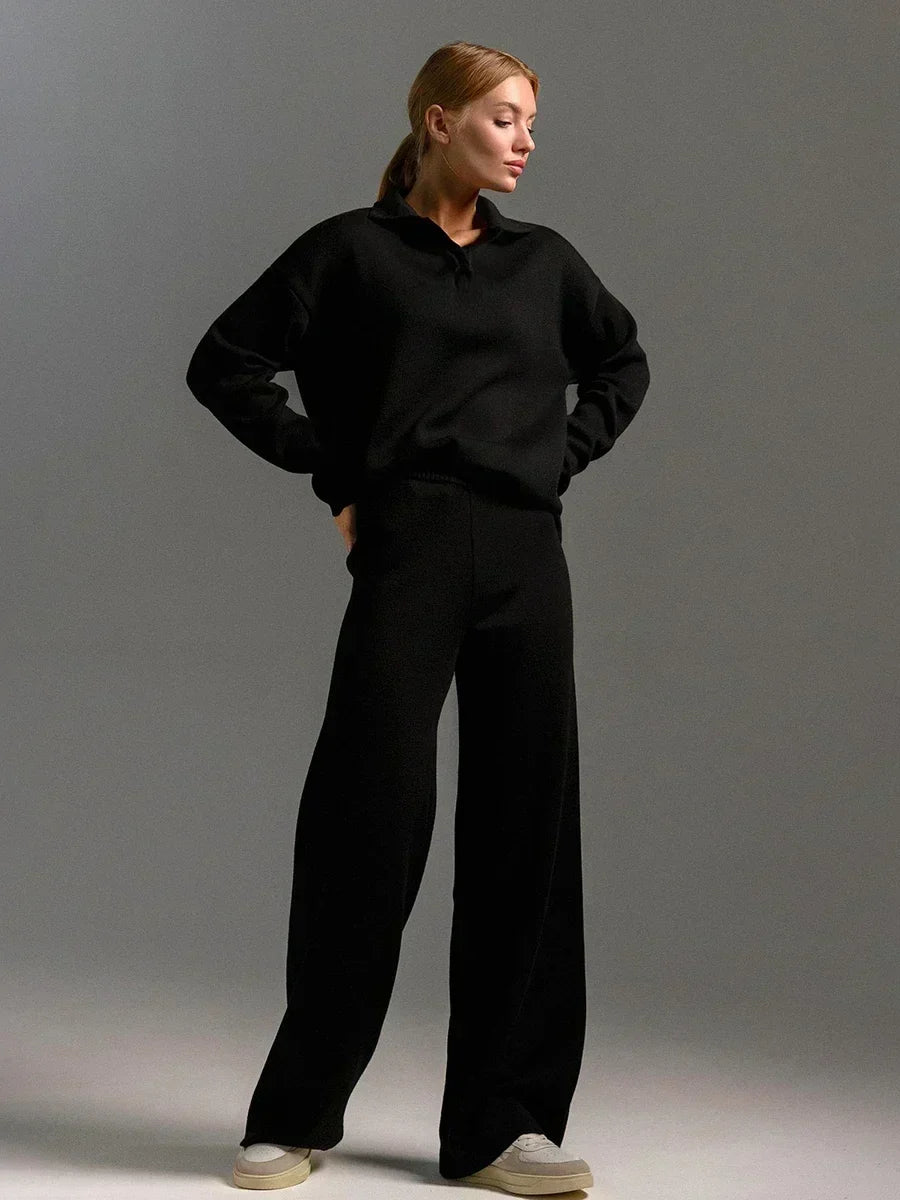 Women’s Knitted Two-Piece Set – Polo Neck Sweater – High-Waisted Wide Leg Trousers