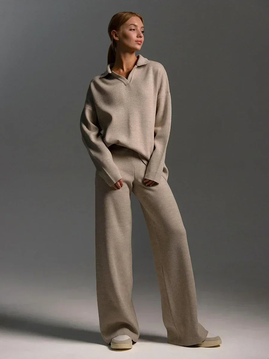 Cozy Knit Top and Wide Leg Pants Set - OutfitLondon