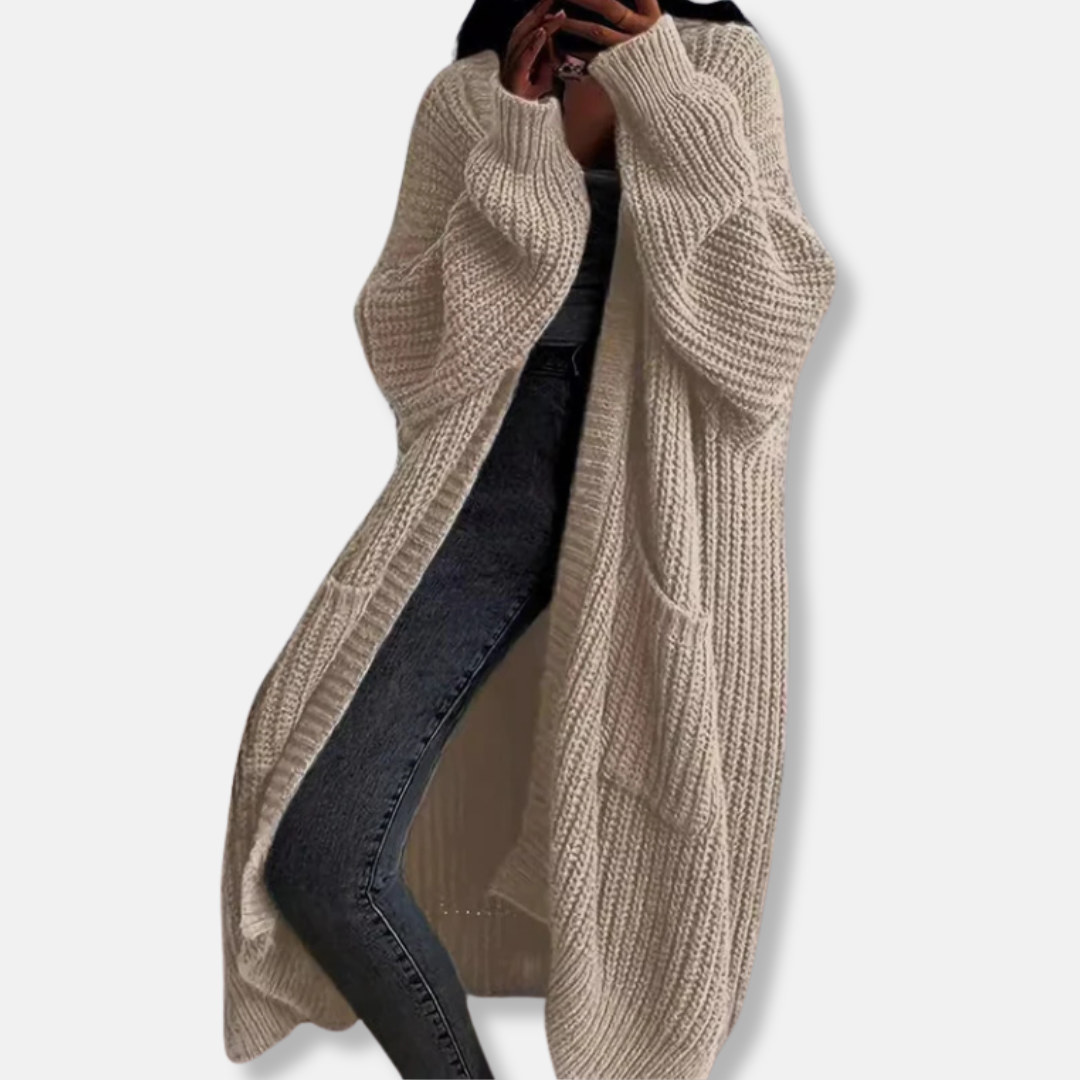 Women’s Long Knit Cardigan – Oversized Fit – Chunky Ribbed – Open Front with Pockets