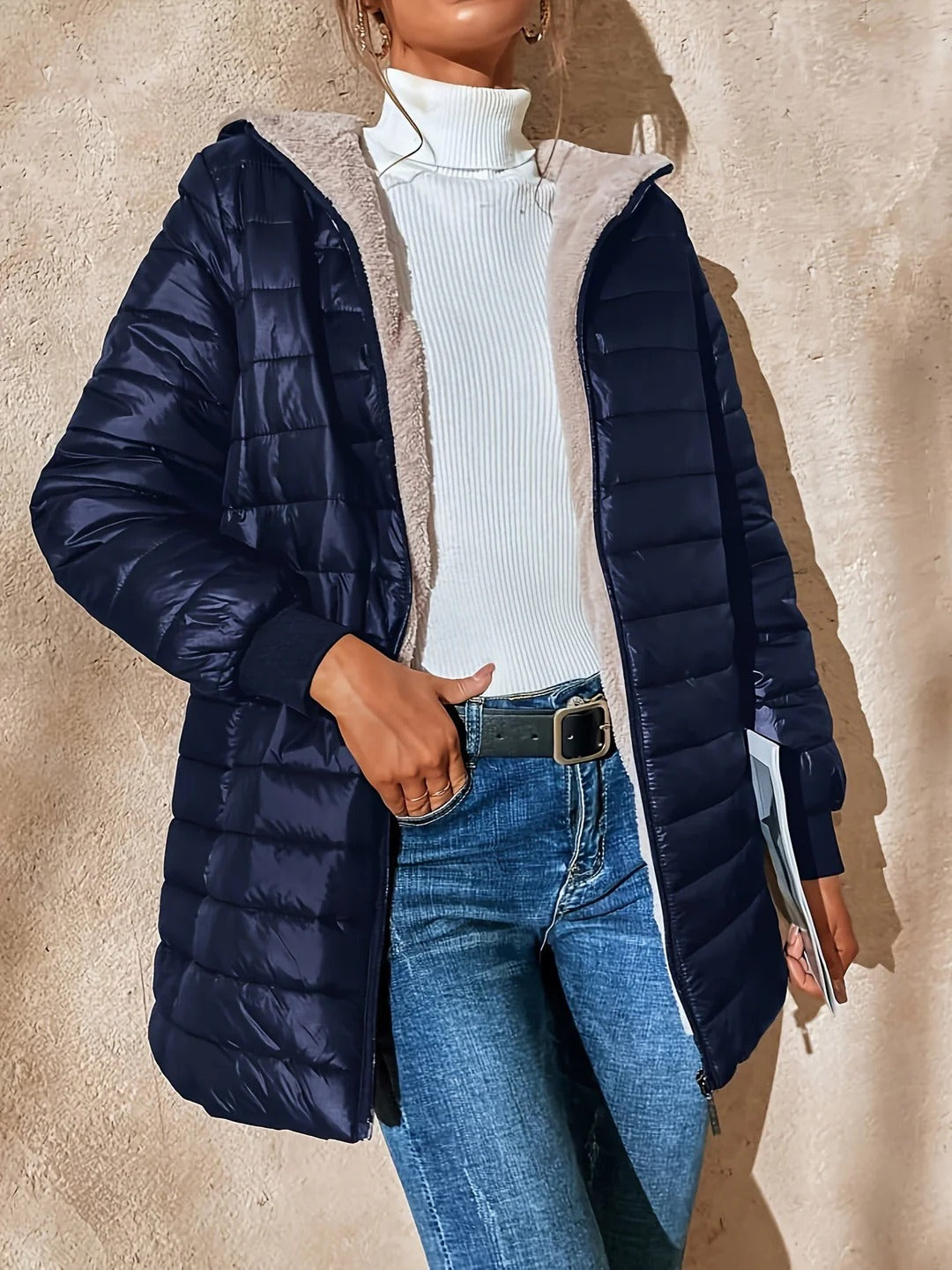 Warm Women's Oversized Fleece Coat with Zip Fastening