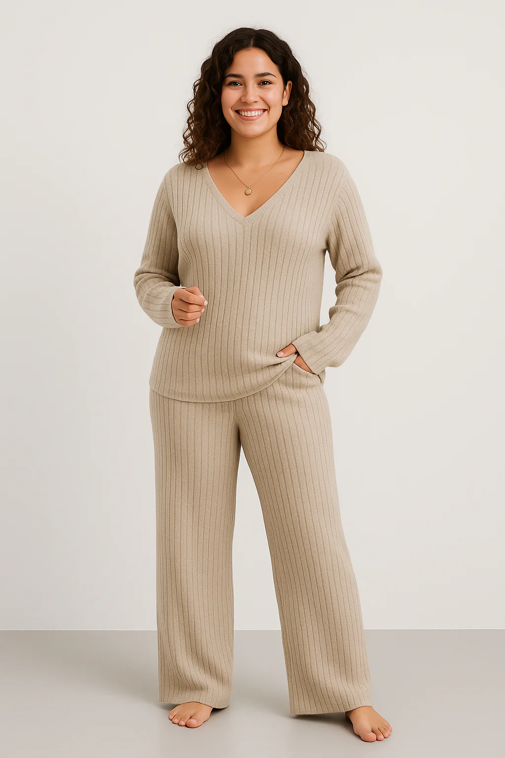 Cozy Women's Loungewear Set - Soft Ribbed Top and Pants