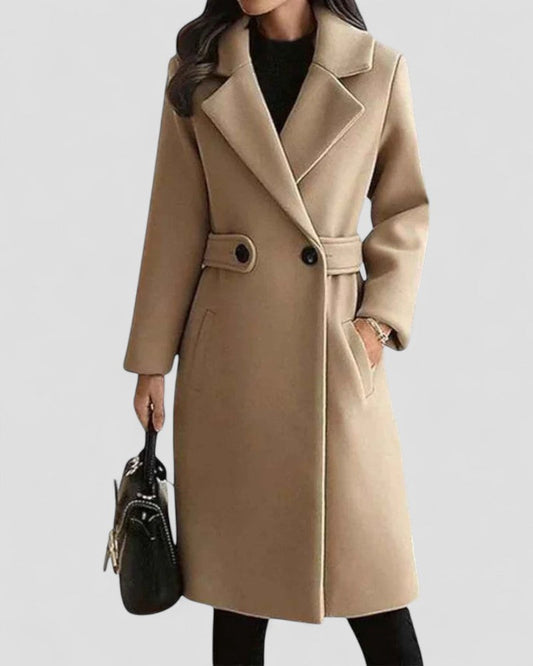 Women's Long Trench Coat with Classic Collar - OutfitLondon