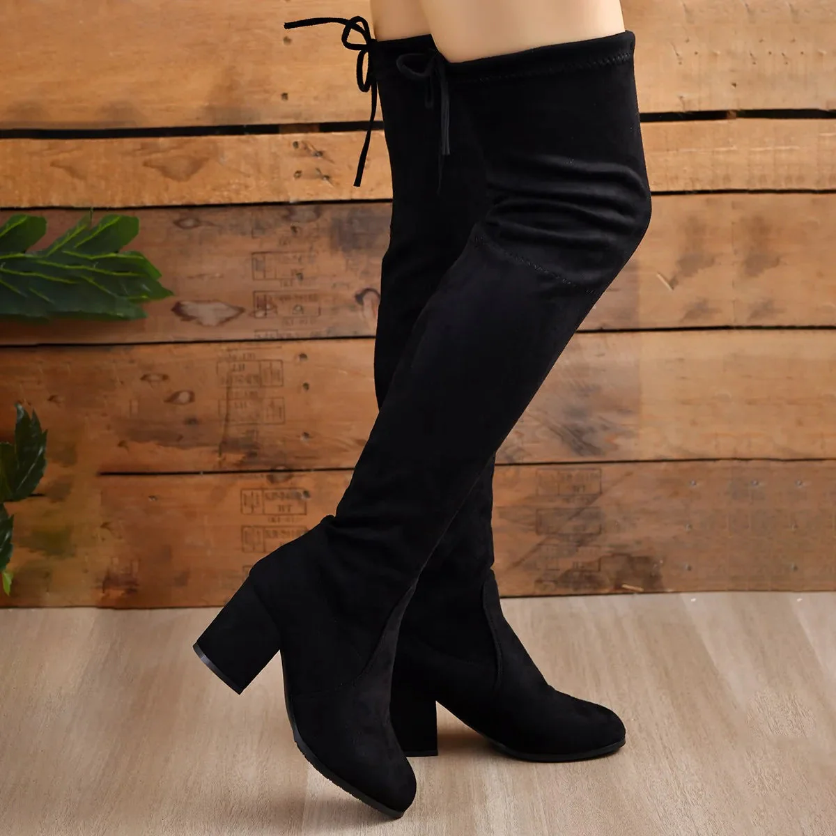 Tall Faux Suede Boots with Block Heel and Lace Up Back