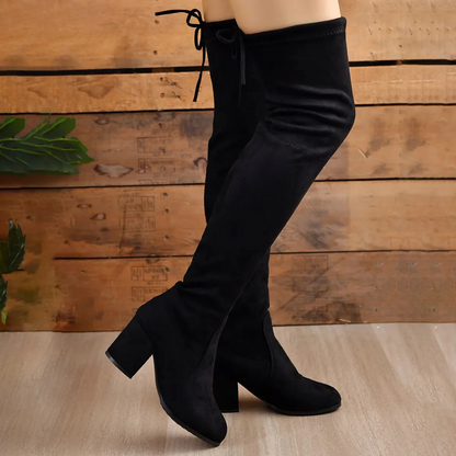 Tall Faux Suede Boots with Block Heel and Lace Up Back
