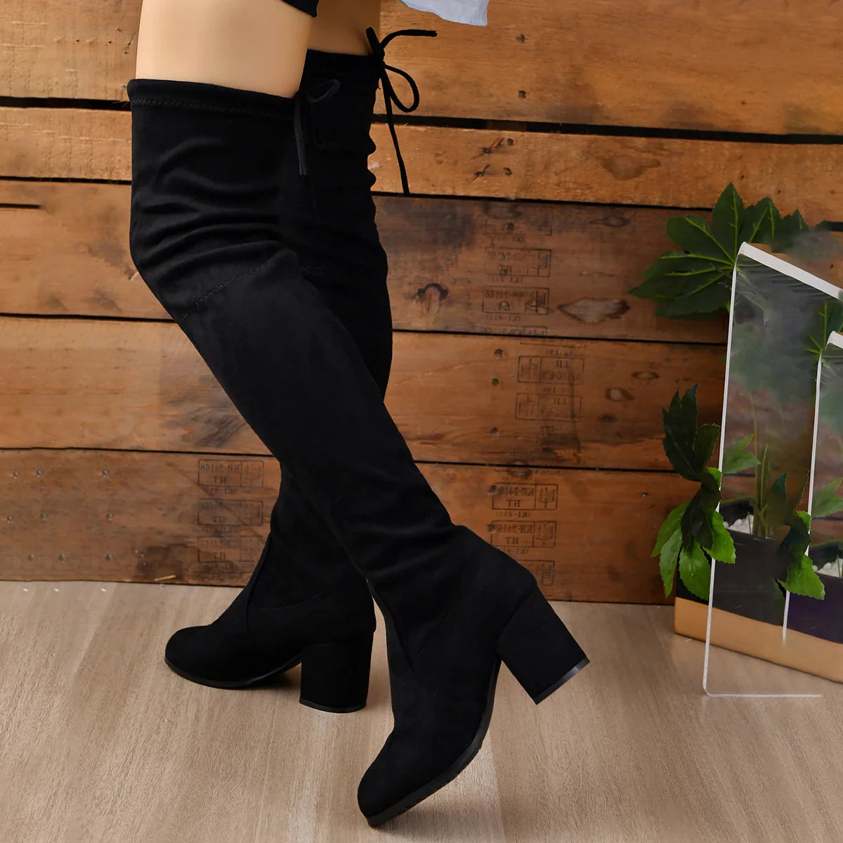Tall Faux Suede Boots with Block Heel and Lace Up Back