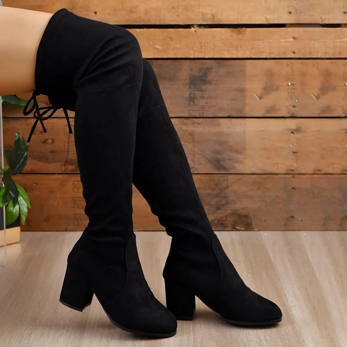 Tall Faux Suede Boots with Block Heel and Lace Up Back - OutfitLondon