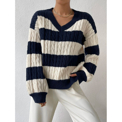 Cozy Women's Crew Neck Striped Jumper Sweatshirt - OutfitLondon