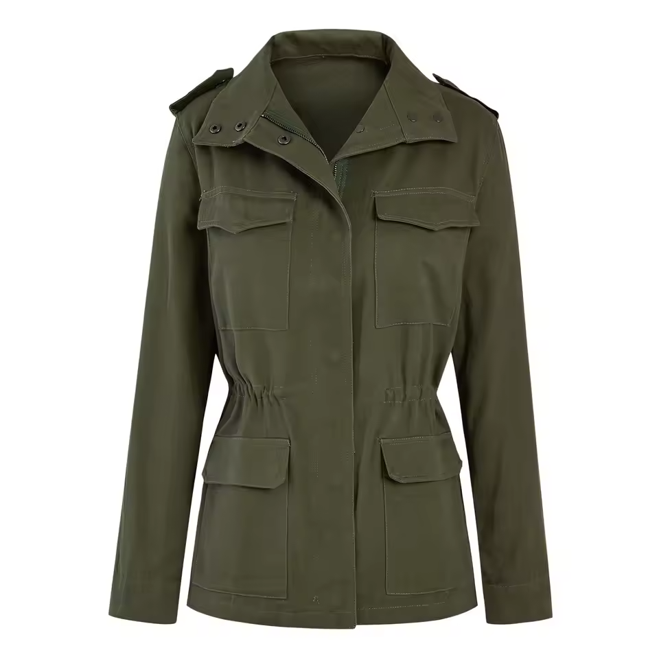 Versatile Ladies Cargo Coat with Pockets and Elastic Waist
