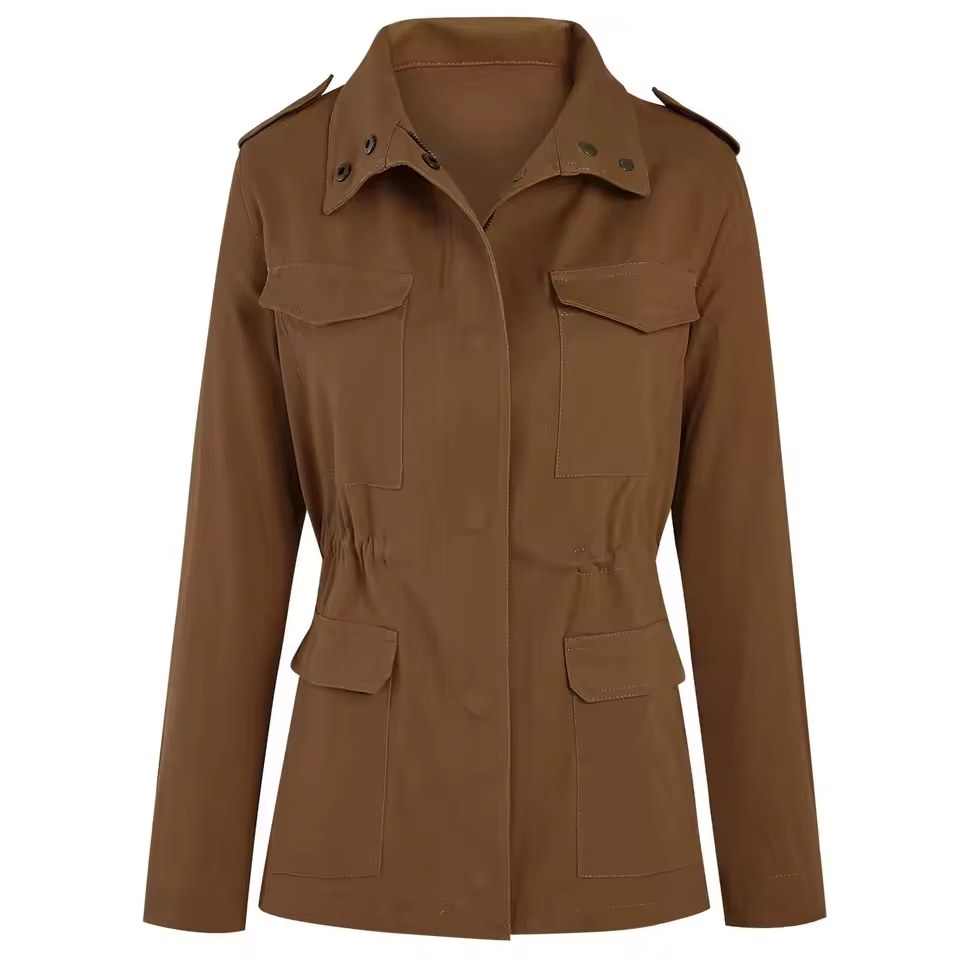 Versatile Ladies Cargo Coat with Pockets and Elastic Waist
