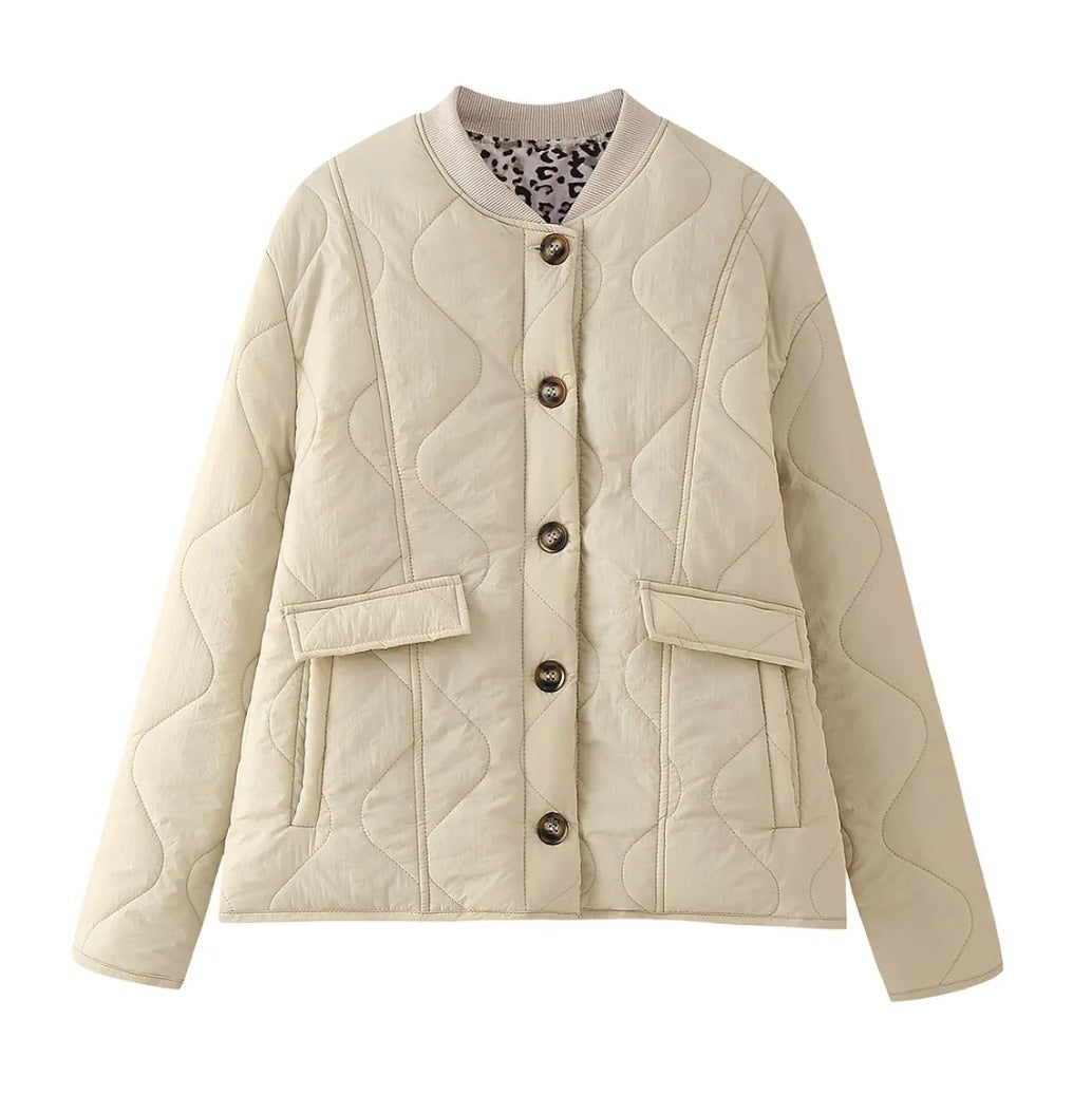 Stylish Quilted Coat with Leopard Trim