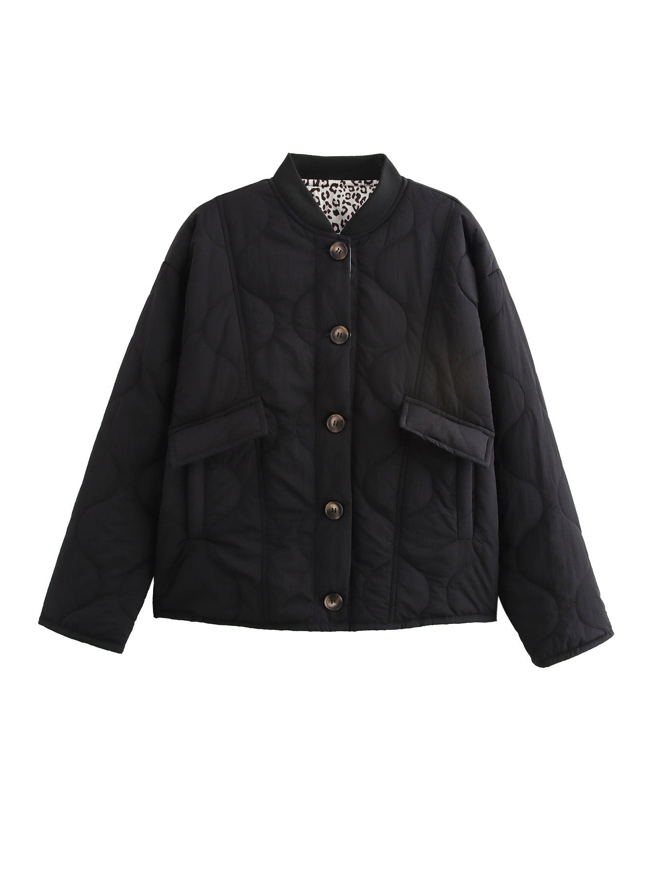 Stylish Quilted Coat with Leopard Trim