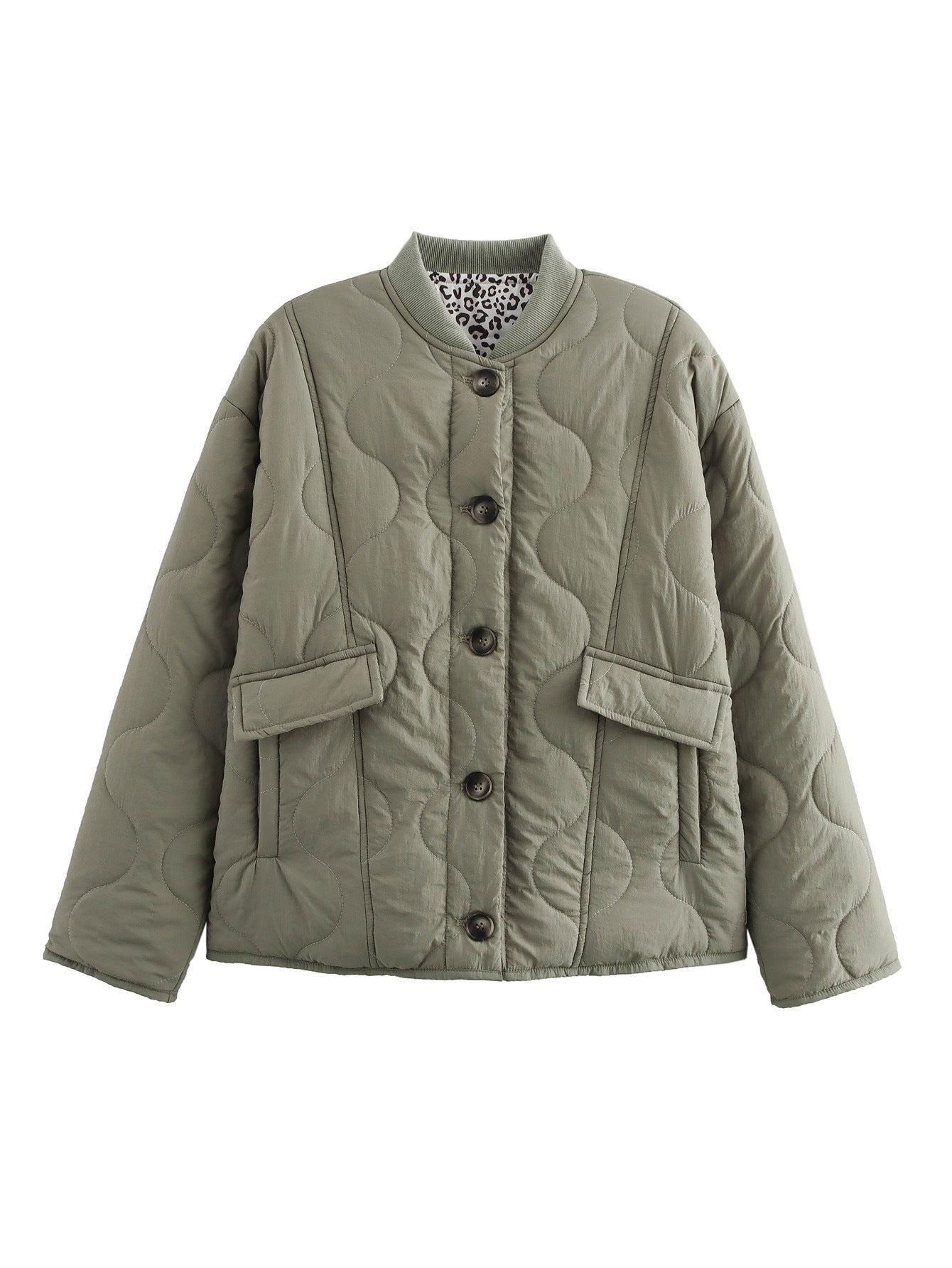 Stylish Quilted Coat with Leopard Trim
