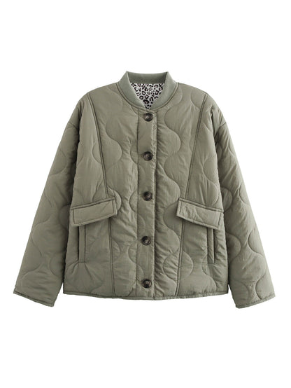 Stylish Quilted Coat with Leopard Trim