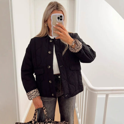 Stylish Quilted Coat with Leopard Trim