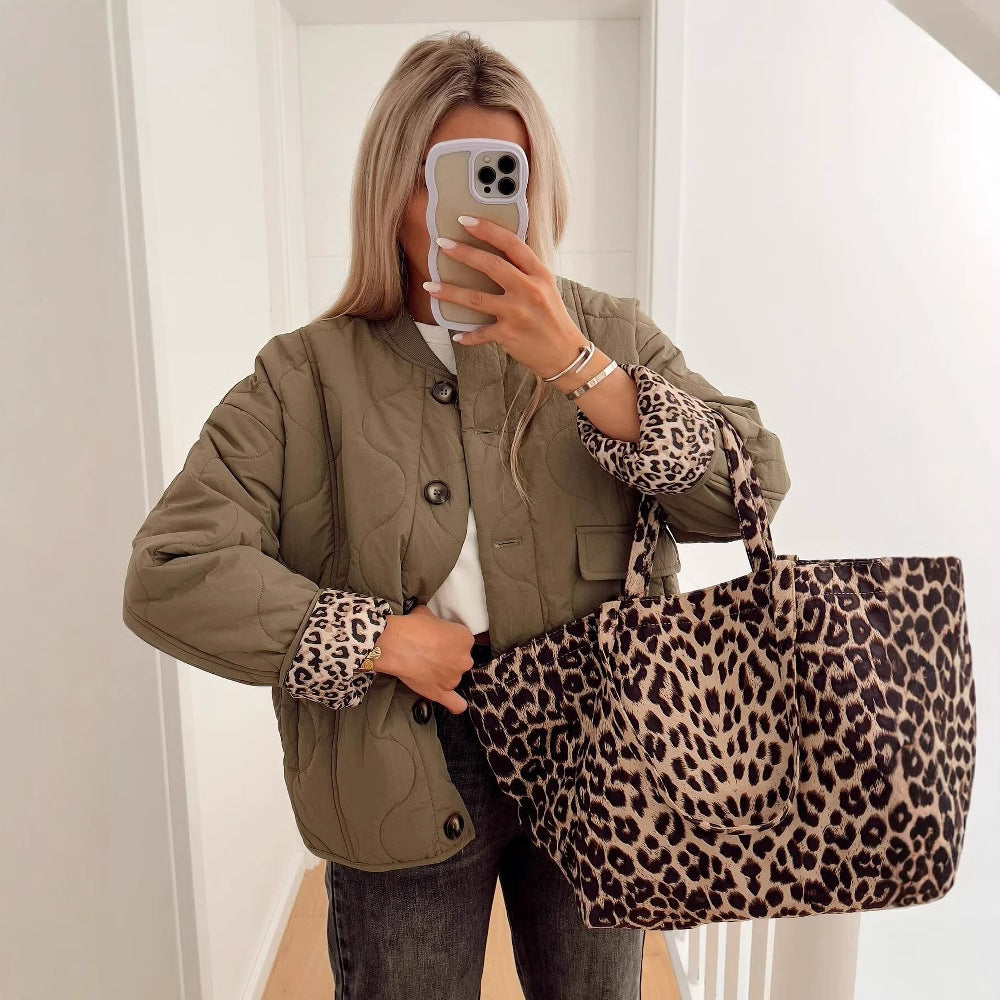 Stylish Quilted Coat with Leopard Trim - OutfitLondon
