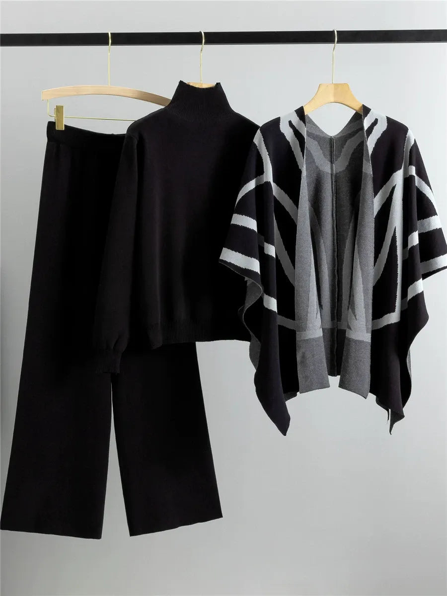 Cozy Knit Wrap Cape with Geometric Design - OutfitLondon