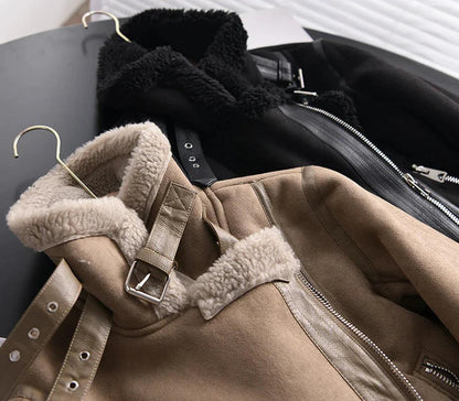 Cozy Fake Leather Jacket with Plush Fleece Inside - OutfitLondon
