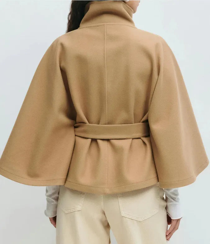 Chic Short Trench Coat - Belted Waist, Cape Style Sleeves
