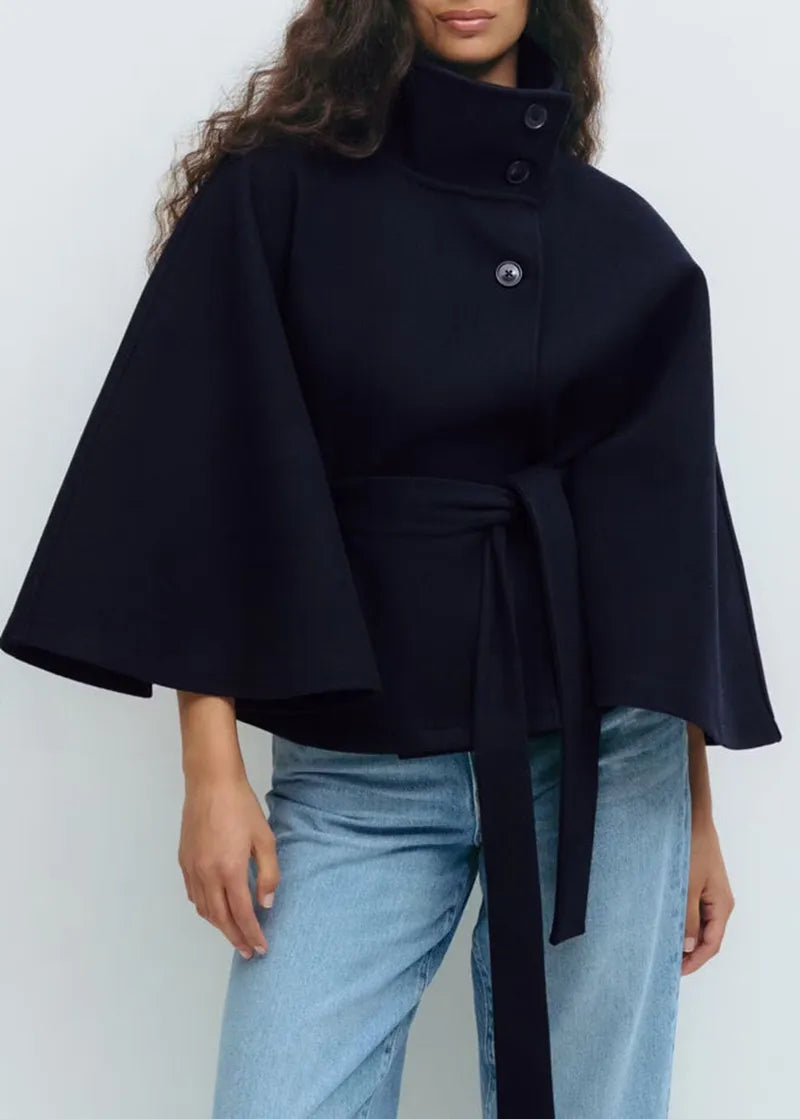 Chic Short Trench Coat - Belted Waist, Cape Style Sleeves