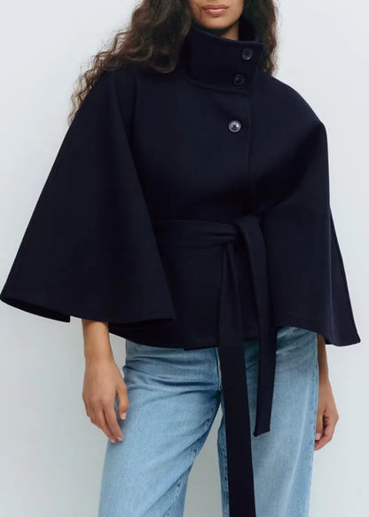 Chic Short Trench Coat - Belted Waist, Cape Style Sleeves