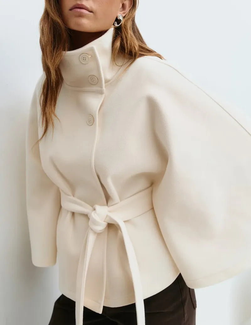 Chic Short Trench Coat - Belted Waist, Cape Style Sleeves