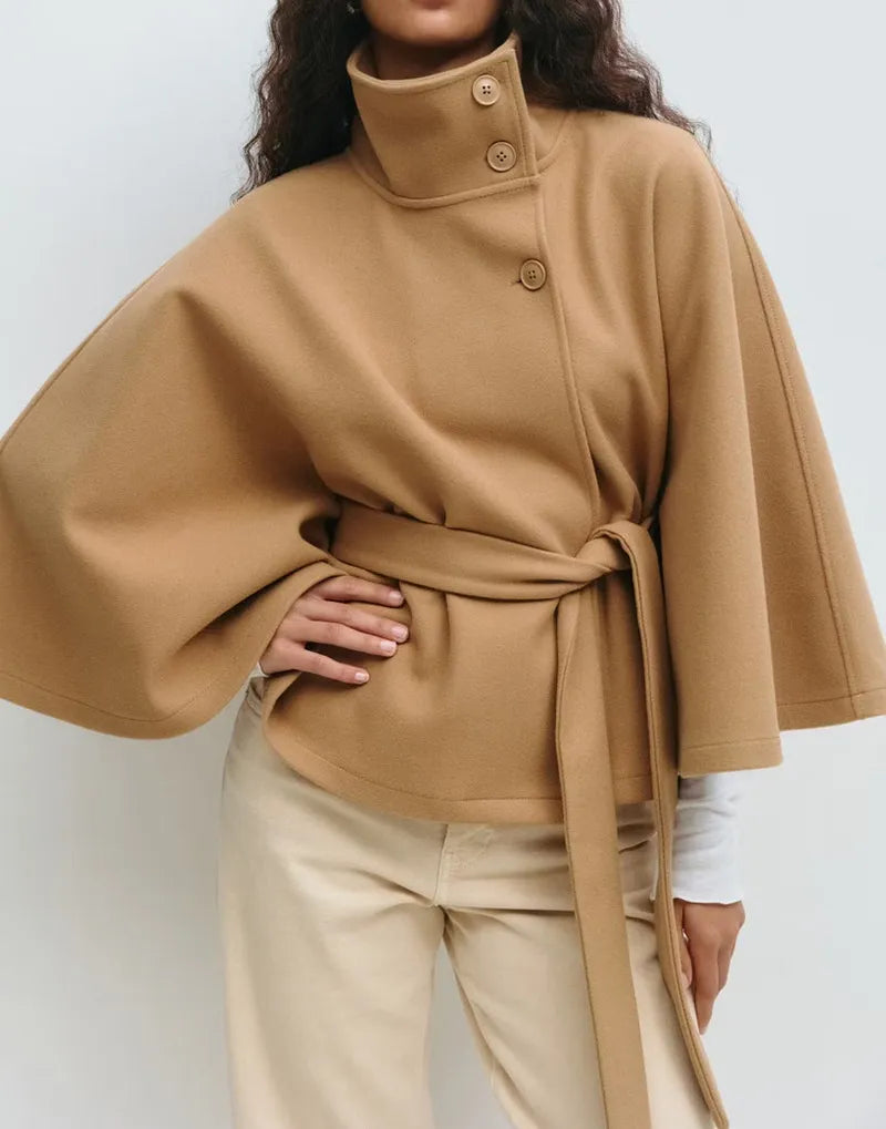 Chic Short Trench Coat - Belted Waist, Cape Style Sleeves - OutfitLondon