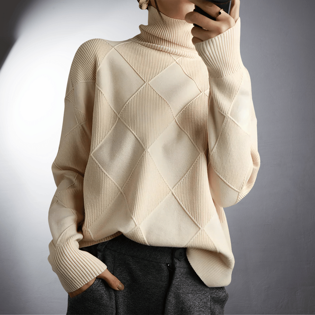 Soft Women's Turtleneck Sweater with Geometric Pattern - OutfitLondon