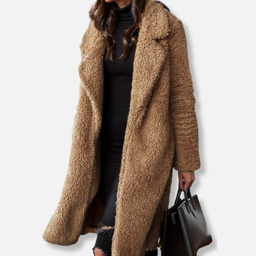 Women’s Trench Coat – Relaxed Fit – Plush Textured Fabric – Notched Lapel – Mid-Calf Length